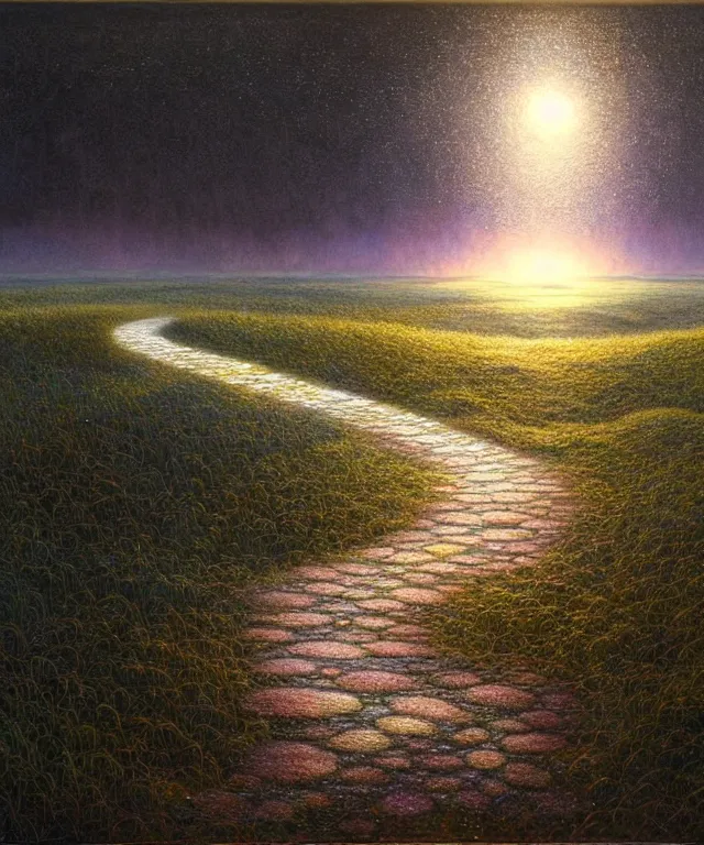 Prompt: hyperrealistic mixed media painting of a beautiful path across a vast, sprawling landscape, stunning 3d render inspired art by P. Craig Russell and Barry Windsor-Smith + dim volumetric lighting, dizzy, full body, 8k octane beautifully detailed render, post-processing, extremely hyperdetailed, intricate, epic composition, grim yet sparkling atmosphere, cinematic lighting + masterpiece, trending on artstation, very very detailed, masterpiece, stunning