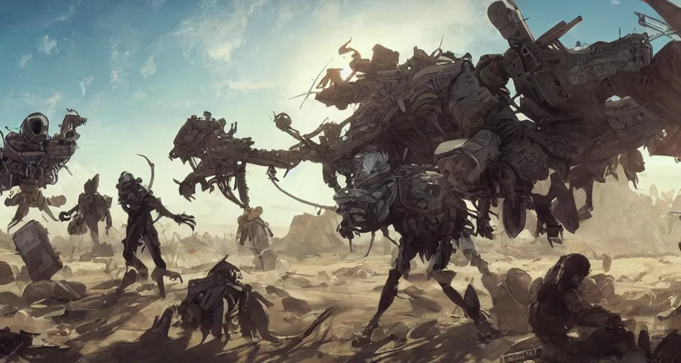 Image similar to scavengers in a desert, artstation