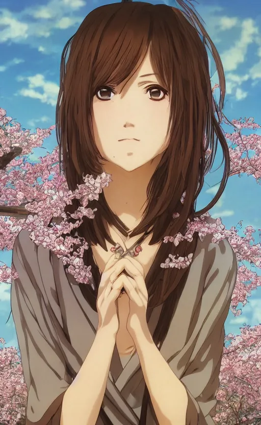 Image similar to anime style, female merchant, yukata clothing, sakura tree in background, brown short hair, hair down, symmetrical facial features, from arknights, hyper realistic, rule of thirds, extreme detail, 4 k drawing, safebooru, realistic lighting, by alphonse mucha, greg rutkowski, sharp focus, backlit