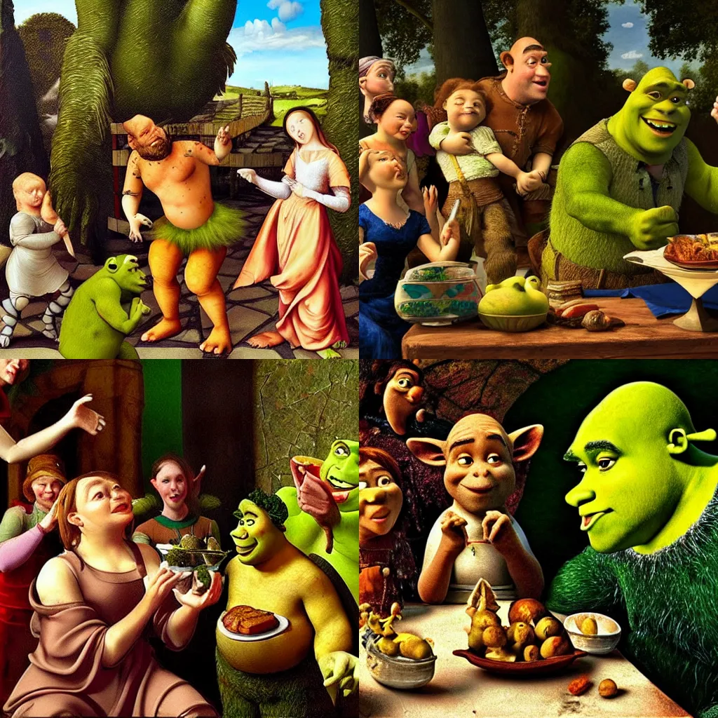 Prompt: Shrek eating snails, Renaissance painting