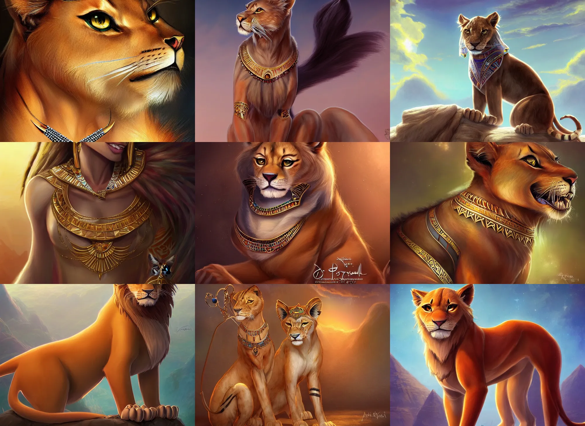 Prompt: fullbody beautiful detailed character design of a feral feline wearing egyptian necklace, egyptian jewelry. deviantart lioness adoptable, character concept artwork professional by artgerm, jessica rossier in the style of disney, the lion king, artstation deviantart