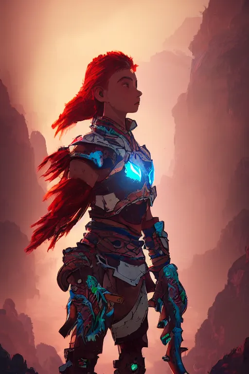 Image similar to combination suit armor aloy horizon forbidden west horizon zero dawn radiating a glowing aura global illumination ray tracing hdr fanart arstation by ian pesty and alena aenami artworks in 4 k tribal robot ninja mask helmet backpack