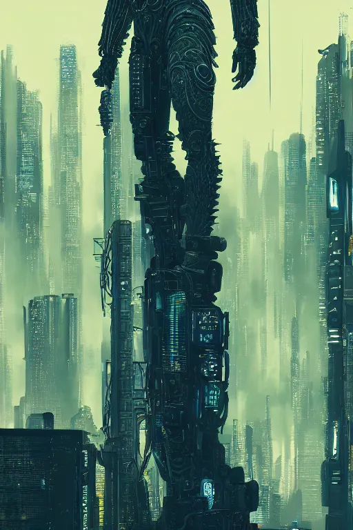 Image similar to digital masterpiece illustration concept art of giant statue in the middle of cyberpunk cityscape, extremely detailed and intricate complexity, epic composition, magical atmosphere, cinematic lighting, wide long shot, trending on artstation, 8 k