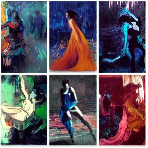 Image similar to portrait of beautiful girl sensual dancing, ecstatic, wonderful techno party, shades of blue, utopia, by by greg rutkowski, by jeremy mann, by francoise nielly, by vincent van gogh