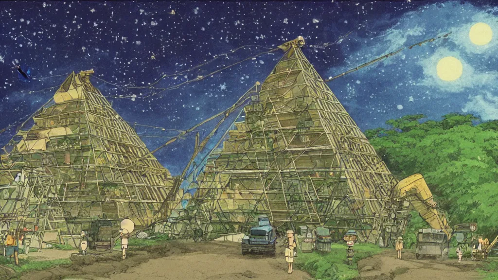 Image similar to a movie still from a studio ghibli film showing an industrial mining runoff storage facility, and a pyramid under construction, in the rainforest on a misty and starry night. by studio ghibli