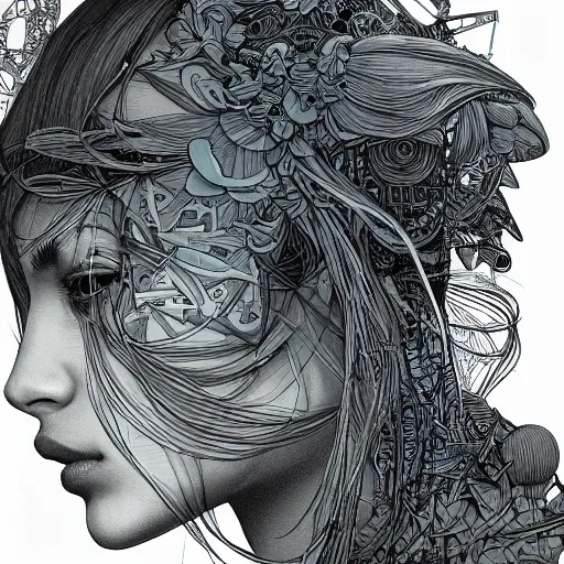 Image similar to the head of a beautiful woman, an ultrafine detailed illustration by james jean, final fantasy, intricate linework, bright colors, behance contest winner, vanitas, angular, altermodern, unreal engine 5 highly rendered, global illumination, radiant light, detailed and intricate environment