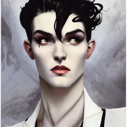 Image similar to beautiful portrait of androgynous ruby rose as desire from sandman in a white tuxedo!!!, rockabilly style, by alphonse mucha, cedric peyravernay, by jeremy mann, by frank moth, white suit and black tie, soft lightning, high detailed, 8 k