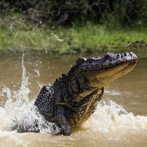 Prompt: photo of kyle funkhouser, riding a crocodile, splashing in an African river, realistic photo