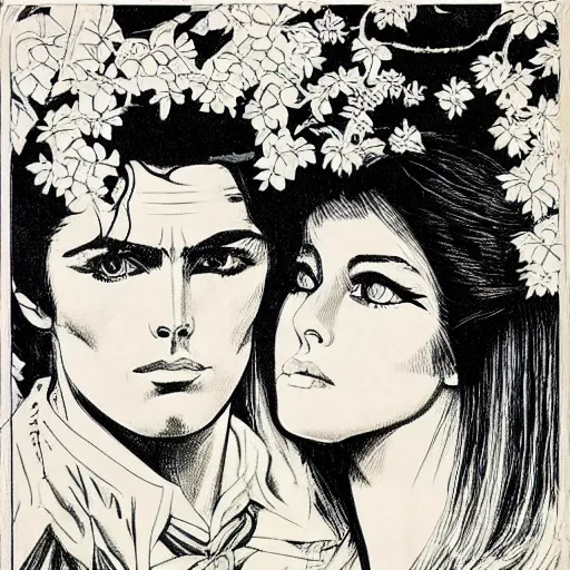 Prompt: 1 9 6 0 s drawing symmetrical pretty elegant brigitte bardot as a vampire kissing alain delon, very detailed intricate!!! intaglio, style of ( takato yamamoto )!!!, moon and stars and flowers tree