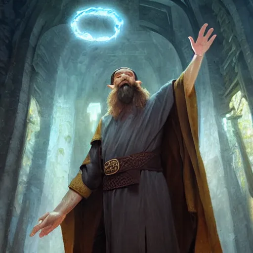 Image similar to A middle aged elf, brown hair and a raised hand, long beard, blue robes with runic symbols, detailed face, highly detailed, cinematic lighting, digital art painting by greg rutkowski.