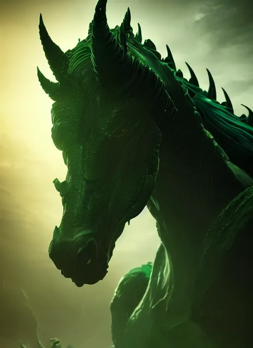 Image similar to an epic fantasy comic book style portrait painting of an giant abyssal green alien horse, humanoid, menacing. unreal 5, daz, hyperrealistic, octane render, cosplay, rpg portrait, dynamic lighting