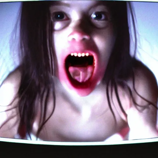 Image similar to Horror Samara from The Ring (2002) crawling out of the TV screen 35mm macro shot, hyperrealism, 8k resolution 3D