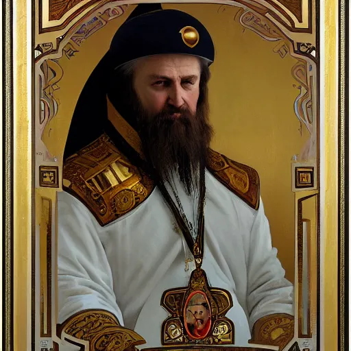 Image similar to painting of russian orthodox astronaut priest with gold visor by alphonse mucha, greg rutkowski, and bekzinski