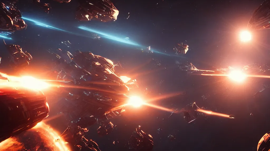 Image similar to battle of spaceship in space, unreal engine, wide angle, multiverse, hd, halogen, volumetric light