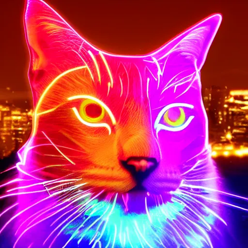 Image similar to cybercat head, neon glow, closeup, city in the background, high quality, high detailed