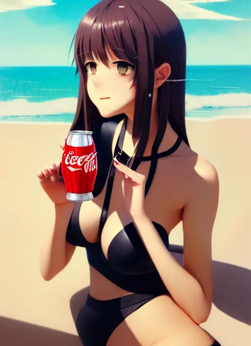 Image similar to full body picture of a extremely beautiful and attractive and cute and aesthetic girl drinking a coke, highly detailed face, very thirsty, dripping on the body, sharp focus, shiny day on the beach, specular reflection, occlusion shadow, trending on artstation, epic light novel cover art, art by ilya kuvshinov and sakimichan and jeremy lipking