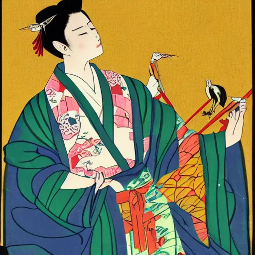 Image similar to urban fantasy portrait of the androgynous deity of hospitality, wearing a kimono painted with cranes, performing chadō