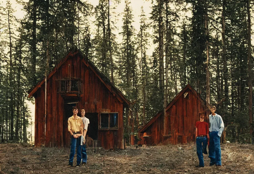 Image similar to lomo photo of two humans standing in front of a large cabin, cinestill, bokeh, out of focus, day, dramatic lighting