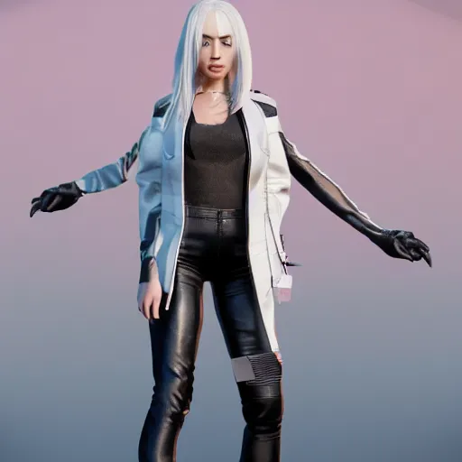 Prompt: a full body portrait of a female wearing a skintight leather jacket long white hair, trending on artstation, artstationhd, artstationhq, full body shot, cycles render, octane render, unreal engine, detailed body, detailed face, artwork by tooth wu and wlop and beeple and greg rutkowski