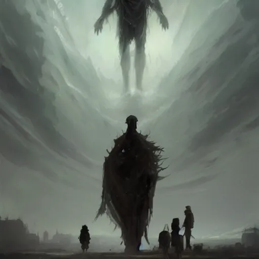 Image similar to a beautiful terrifying immense pale humanoid giant looms over a tiny human. ethereal horror fantasy art by greg rutkowski