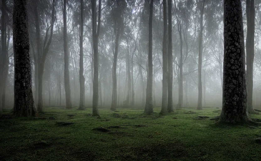 Image similar to incredible wide shot of the interior of a neolithic temple in the forest, dusk, light fog, digital art