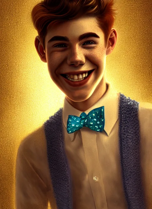 Image similar to portrait of teenage archie andrews, freckles, curly middle part haircut, curly hair, middle part hairstyle, smiling kindly, wearing a bowtie and sweater vest, intricate, elegant, glowing lights, highly detailed, digital painting, artstation, concept art, smooth, sharp focus, illustration, art by wlop, mars ravelo and greg rutkowski