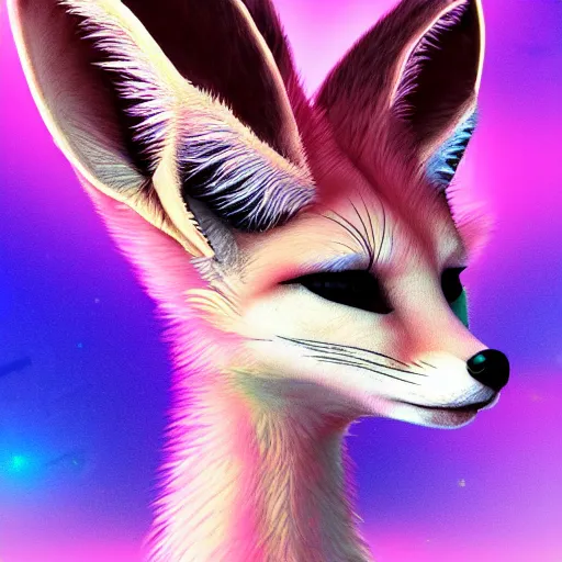 Prompt: Fennec fox, pink and blue mohawk hairstyle, aviator sunglasses, synthwave style, portrait, artstation, detailed, award winning, furry, dramatic lighting