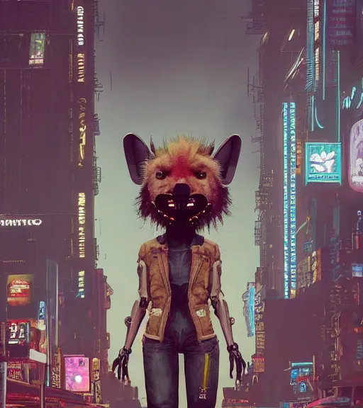 Image similar to new york city portrait icon of furry anthro anthropomorphic spotted hyena head animal person fursona wearing clothes strange cybernetic cyborg muzzle gloomy rainy screenshot from the video game cyberpunk 2077 digital art by Greg Rutkowski, Simon Stalenhag, christopher nolan trending on Artstation, CGSociety