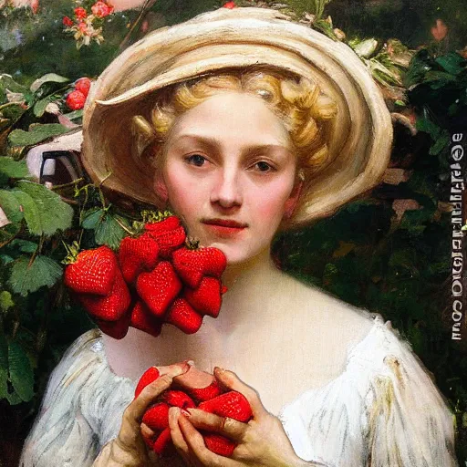 Image similar to A beautiful Blonde Woman with Locks selling strawberries in the style of Jean-Joseph Benjamin-Constant, Portrait