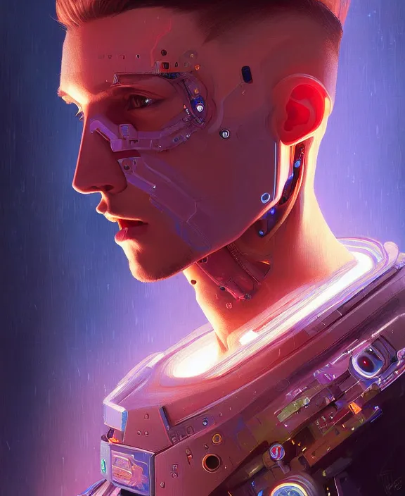 Image similar to a whirlwind inside the metaverse, guy, male, man, science, machine face, fashionable haircut, piercing, half body, neurochip, android, cyberpunk face, by loish, d & d, fantasy, intricate, elegant, highly detailed, colorful, digital painting, artstation, concept art, art by artgerm and greg rutkowski and alphonse mucha