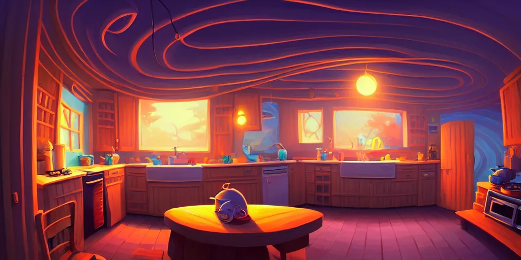 Image similar to spiral lines, naive nerikomi, weird perspective, extra narrow, detailed illustration of a kitchen dim lit by flashlight in a scenic spiral environment by rhads from lorax movie, trending artstation, true color, fisheye