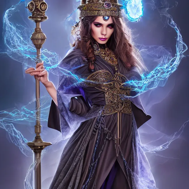 Image similar to beautiful elemental electric witch with ornate robes and staff, highly detailed, 4 k, hdr, smooth, sharp focus, high resolution, award - winning photo, artgerm, photorealistic