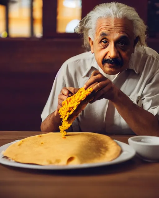 Prompt: A photo of Albert Einstein eating masala dosa, highly detailed, trending on artstation, bokeh, 90mm, f/1.4