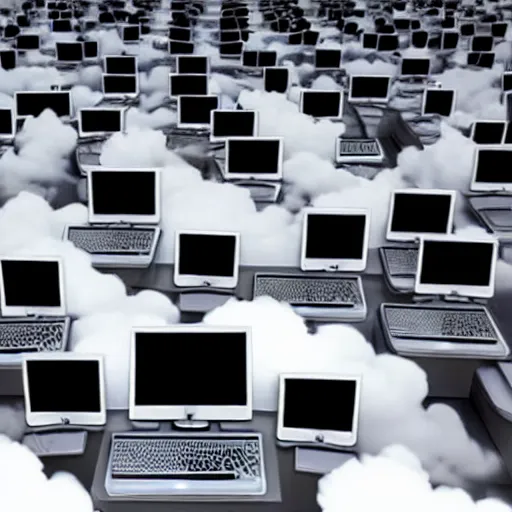 Prompt: heaven, clouds, computers everywhere in the clouds