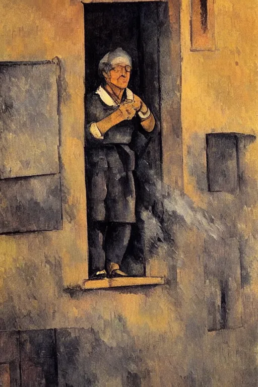 Prompt: an elderly and content italian woman leaning out of the window of an old building, smoking a cigarette, by paul cezanne, firenze, sunset, smooth, expressionist, gold, portrait