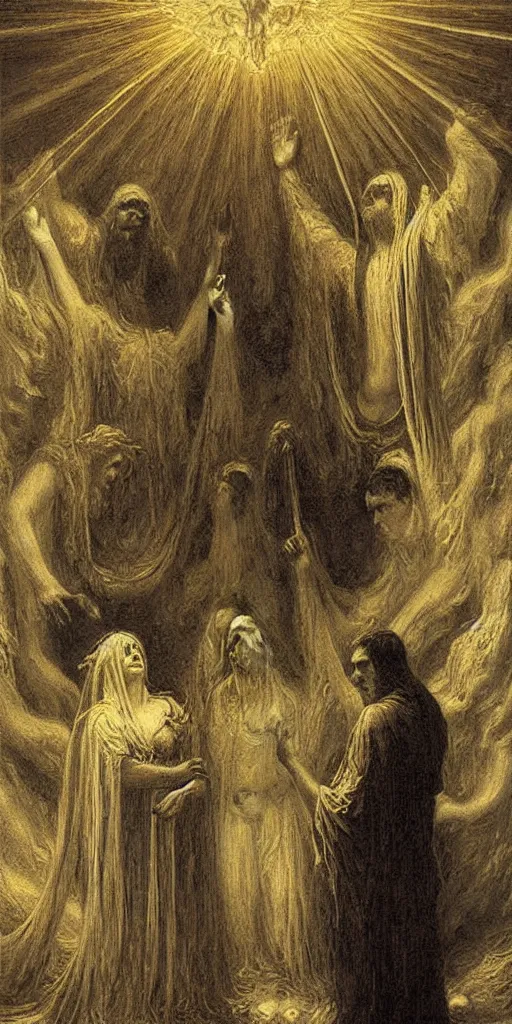 Prompt: a painting of john dee spirit conversation by gustav moreau, jean delville and  Gaston Bussiere