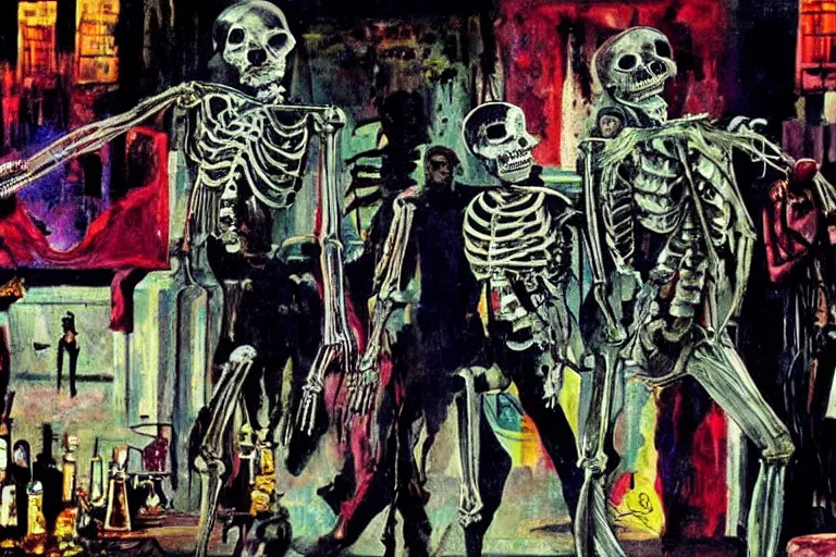 Image similar to scene from scarface, day of the dead, cyber skeleton, neon painting by otto dix