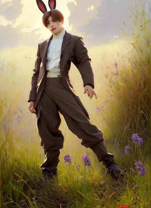 Prompt: harmony of grasslands, cute jungkook with bunny ears & tail wearing jacket & pants, amazing composition & dynamic posing, by franz xavier leyendecker, wlop! muted colors, highly detailed, fantasy art by craig mullins, thomas kinkade cfg _ scale 9