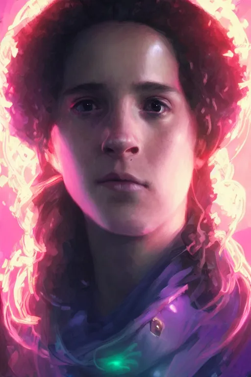 Image similar to portrait of Hermione Granger in cyberpunk, neon lighting, night city, digital art from artstation by Ruan Jia and Mandy Jurgens and Artgerm and william-adolphe bouguereau and Greg Rutkowski and Wayne Barlowe