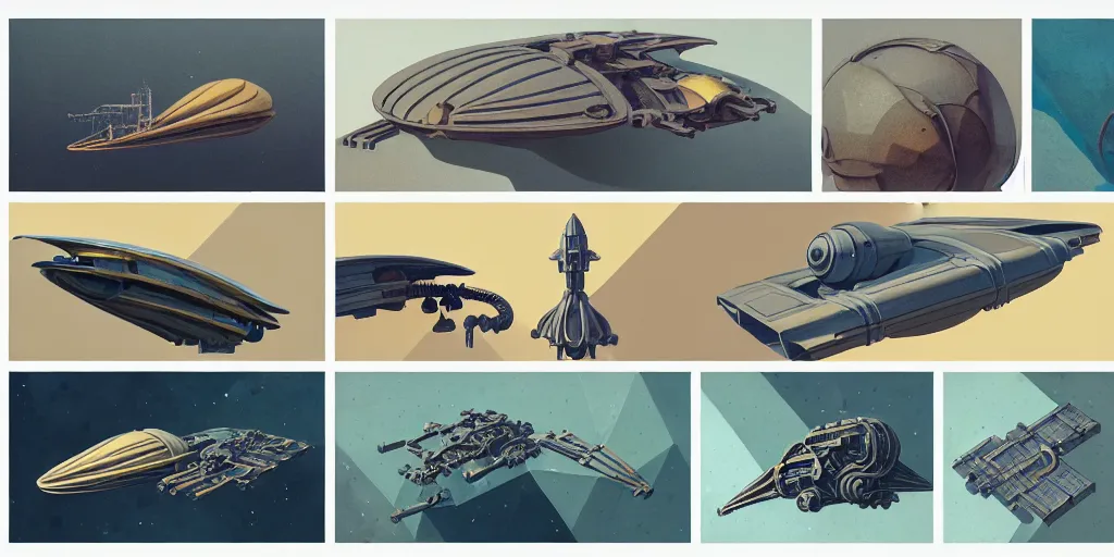 Image similar to collection of exploration of form and shapes, moebius, engine, props, hard surface, panel, simon stalenhag, kitbash, items, gadget, big medium small, close up, vehicles, futuristic, parts, machinery, greebles, insanely detailed, golden ratio, wes anderson color scheme, in watercolor gouache detailed paintings, sleek design, spaceship