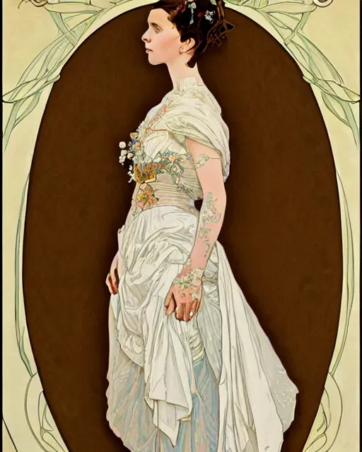 Image similar to an art nouveau painting of a girl resembling alicia vikander or millie bobby brown in a wedding dress, highly detailed, intricate, artstation, by alphonse mucha