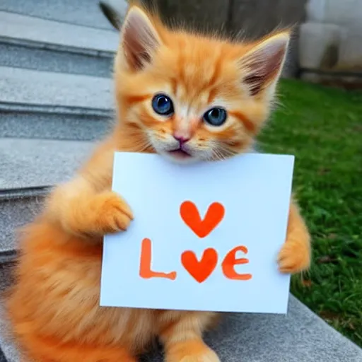 Prompt: cute fluffy orange tabby kitten with a sign that says