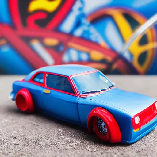 Prompt: 3 5 mm photo of metallic blue superman car like hot wheels redline model with a new york as background