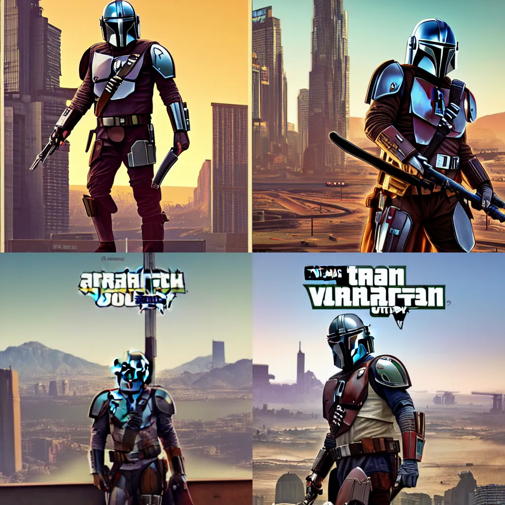 Prompt: The Mandalorian in GTA V, cover art by Stephen Bliss, artstation, no text, City Skyline in the Backround