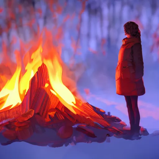 Prompt: A photo of a campfire with a woman's profile visible in the flames, artstation, 4k