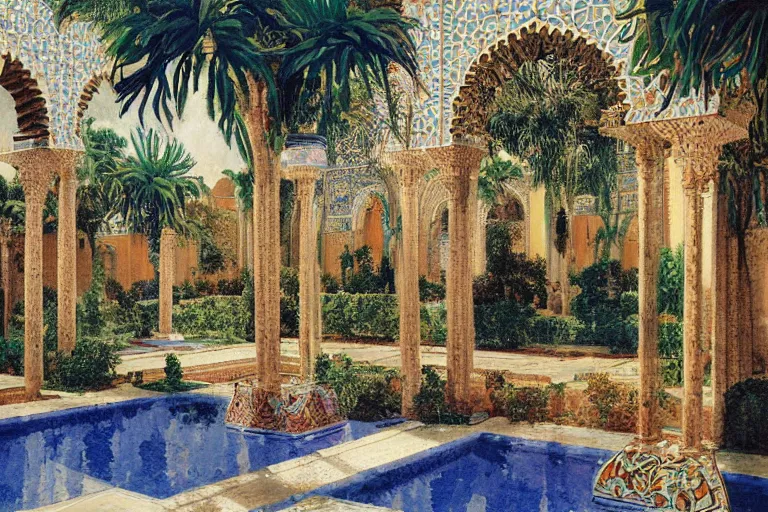 Image similar to painting of a beautiful moorish palace courtyard garden, by rudolf ernst and maxfield parrish, patterned tilework, palm trees, tiled fountains, extremely detailed, cinematic lighting, smooth sharp focus