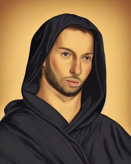 Image similar to digital art portrait of a young man in dark robes, hooded