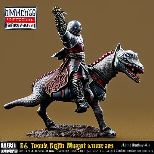 Prompt: D&D, high detail, miniature of medieval knight riding an allosaurus, heavy cavalry, Asgard rising, MyMiniFactory, 28mm scale