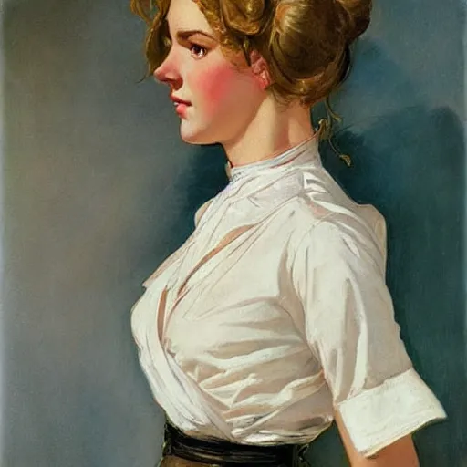 Image similar to epic portrait an nurse in a white dress and short sleeves, beautiful, shiny skin, wet flowing hair, made by j. c. leyendecker