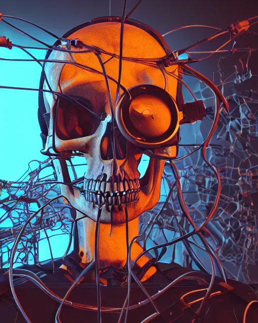 Image similar to cycles render of cyberpunk skull skeleton tethered to a bunch of wires and cords and chains wearing a vr oculus headset subsurface scattering by beeple
